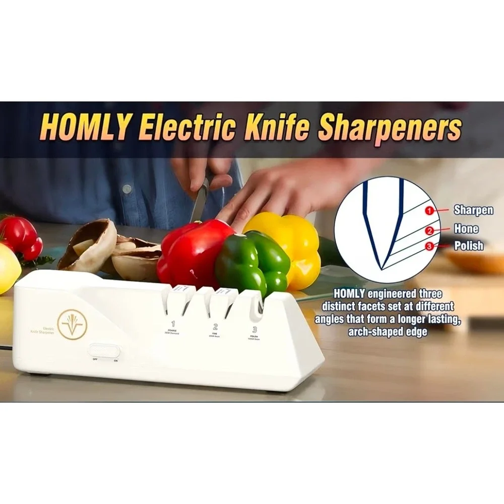 HOMLY Professional Electric Knife Sharpener 3-Stage Diamond Abrasive White